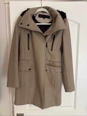 Andrew Marc Taupe Hooded Pea Coat with Black Faux-Fur Trim